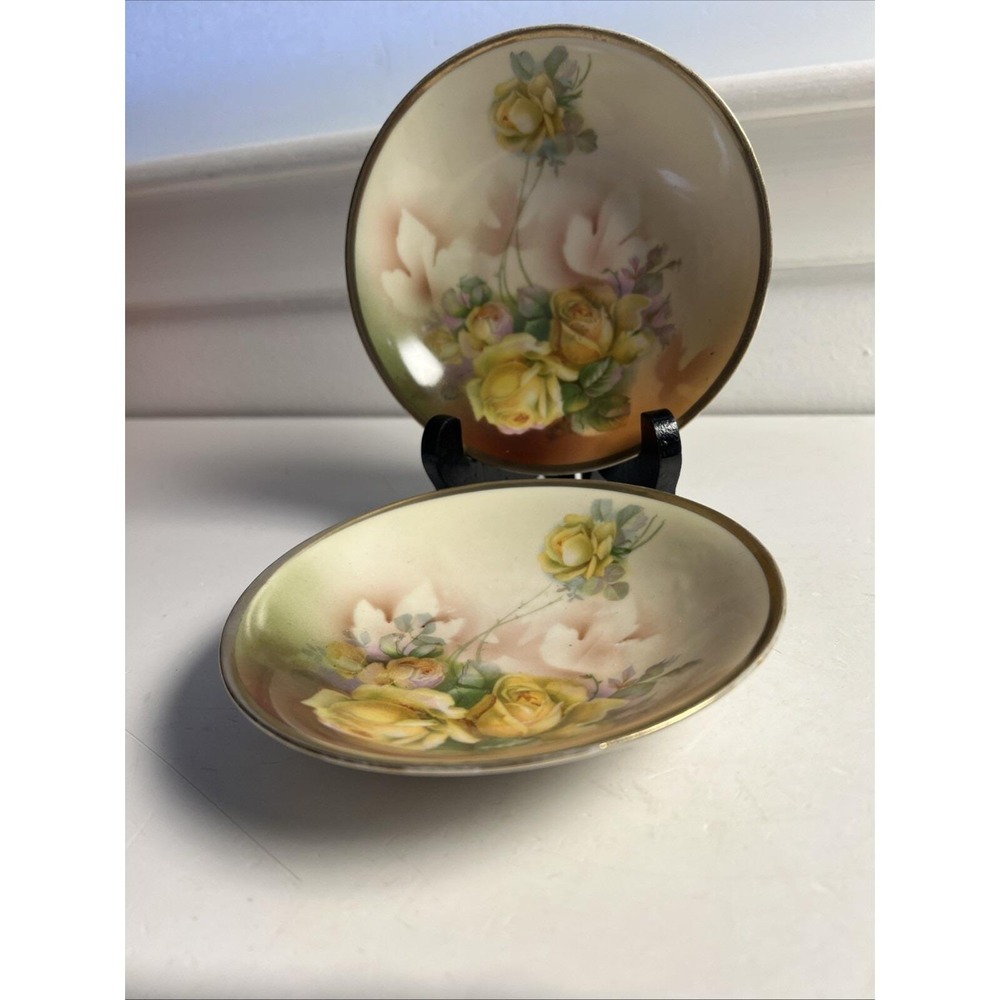 Set Of 2 Antique ES 1811 Prussia Hand Painted Roses Trinket Serving Dish 5.25"